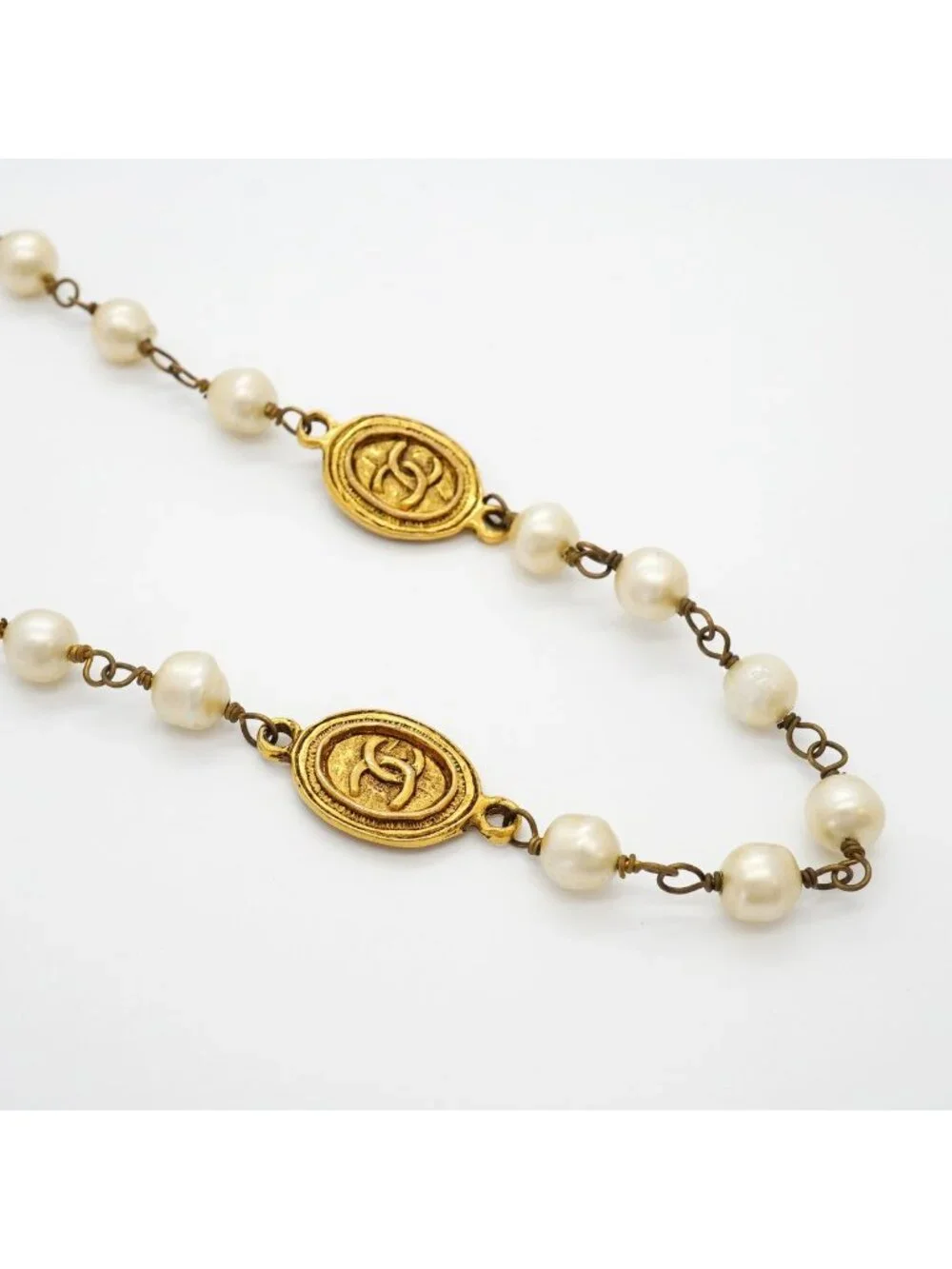 Chanel Necklace Vintage CC Logo Gold Plated Faux Pearl